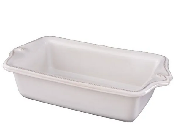 Juliska Berry & Thread Whitewash Loaf Pan from the Juliska Collection on a white background, made in Portugal.