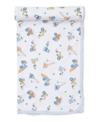 A white Kissy Kissy Construction Convoy Blanket with blue trucks on it, made from Pima cotton, machine wash cold.