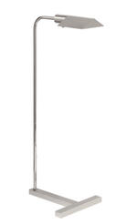 The William Pharmacy Floor Lamp by Visual Comfort features a polished nickel finish, slim metal frame, angular rectangular shade, and an adjustable dimmer for customizable lighting ambiance.