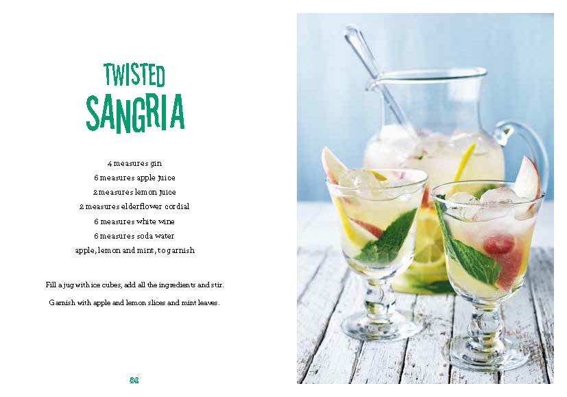 Discover a unique Twisted Sangria recipe with a gin-based twist from *The Little Book of Gin Cocktails* by Penguin Random House, illustrated next to a photo showcasing two glasses of sangria garnished with apple slices, lemon slices, and mint leaves.