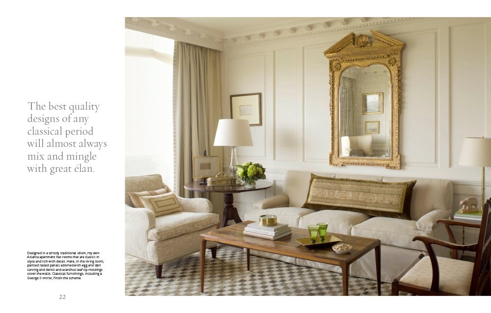 A living room with a beige color scheme features a sofa, armchairs, a wooden coffee table, a large gold-framed mirror, and a floor lamp. Text on the left side reads about the great design and quality classical period designs described in "Atmosphere: The Seven Elements of Great Design" by Common Ground, creating an evocative atmosphere of luxurious home interiors.
