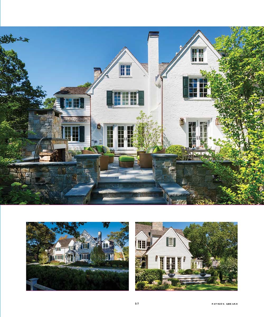 Nestled among trees and a manicured lawn, this two-story white house with green shutters and a stone patio embodies the essence of 'Timeless: Classic American Architecture for Contemporary Living' by Common Ground. Smaller images highlight similar homes, reflecting a site-sensitive design philosophy.