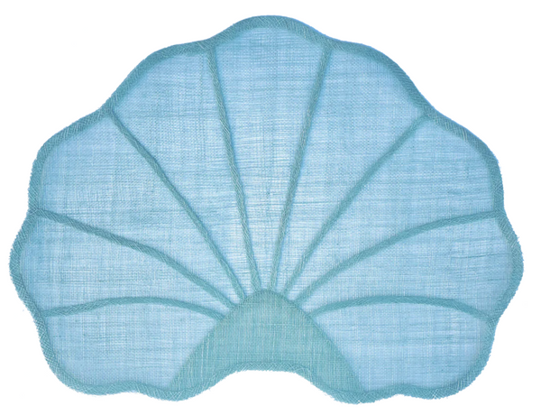 Tisch Nautilus Placemat Collection in blue sinamay fiber shell-shaped design on a white background by Tisch NY.