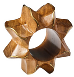 The Kim Seybert Twist Brown/Gold Napkin Ring features a star-inspired design with gold-edged accents and a wide central opening, providing an elegant decorative touch for any table setting.