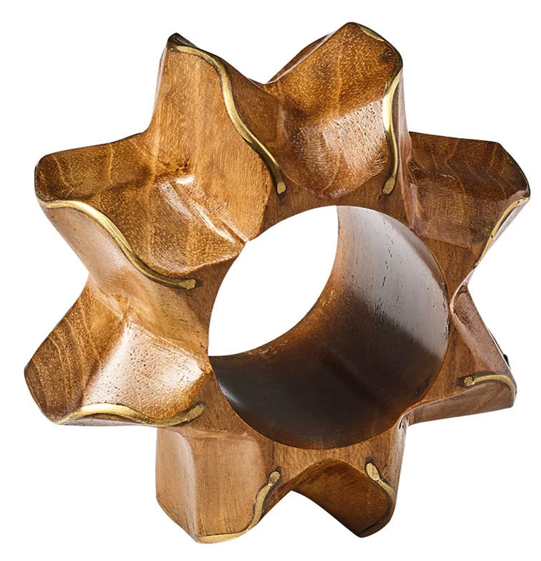 The Kim Seybert Twist Brown/Gold Napkin Ring features a star-inspired design with gold-edged accents and a wide central opening, providing an elegant decorative touch for any table setting.