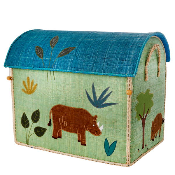 A children's handmade fabric storage box with a nature and animal theme, featuring a blue roof and sides with illustrations of a rhino, trees, and leaves. (Replace with: Boy's Jungle Toy Basket, Large by Rice)