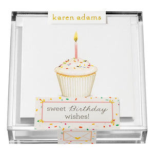 The Sweet Birthday Wishes Gift Enclosures by Karen Adams feature a hand-glittered cupcake with a lit candle and "sweet Birthday wishes!"—perfect for sending cheerful birthday greetings.