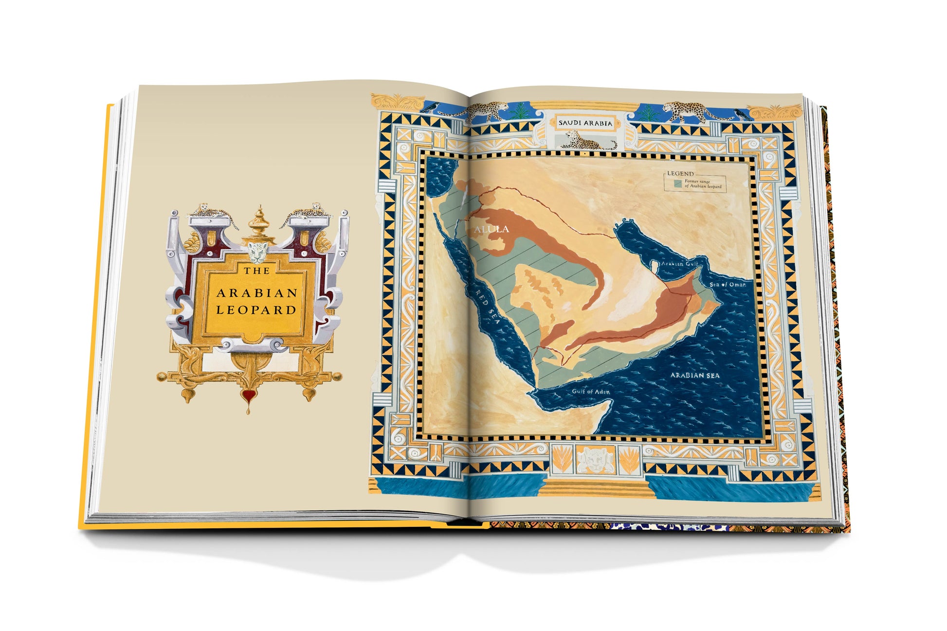 An open book by Assouline titled "Arabian Leopard" features an illustrated map of the Arabian Peninsula with a decorative border, highlighting efforts to protect the critically endangered Arabian leopard.