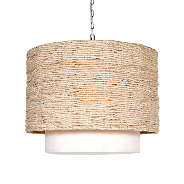 A Made Goods Amani Drum Pendant with an abaca woven rattan shade.