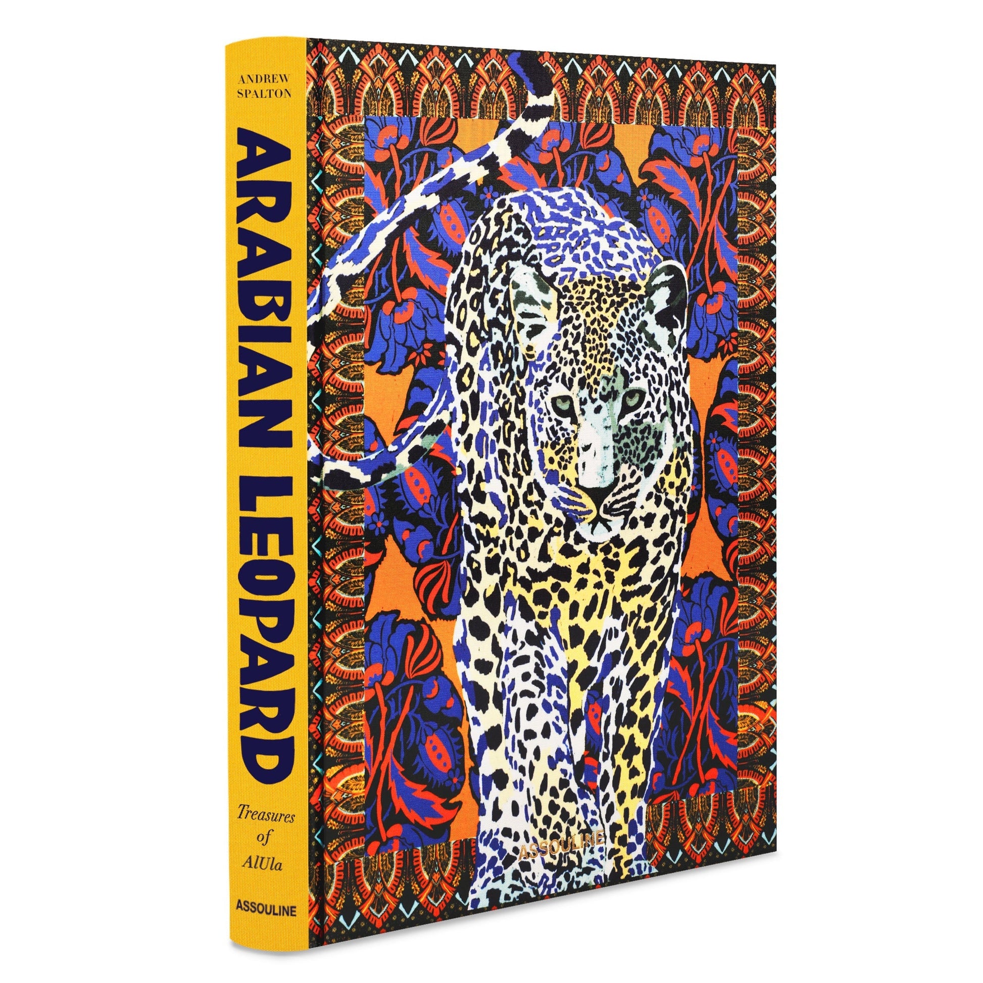 Assouline's "Arabian Leopard" cover features an illustrated leopard on a vibrant orange and blue patterned background, emphasizing the urgent need for wildlife conservation to protect this critically endangered species.