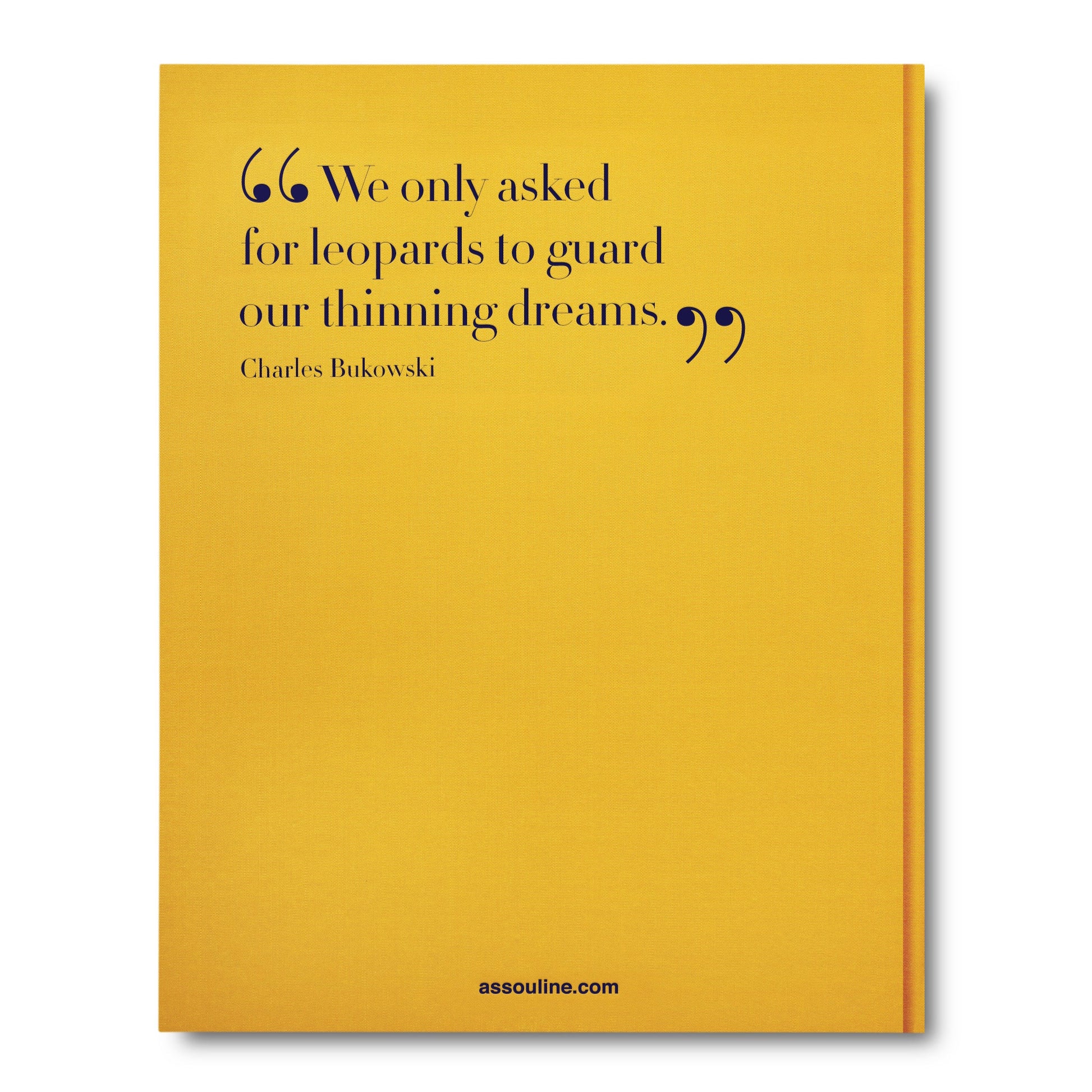 A yellow book cover features the quote "We only asked for leopards to guard our thinning dreams" by Charles Bukowski. The bottom showcases the brand Assouline, highlighting its nod to wildlife conservation and species like the endangered Arabian leopard.
