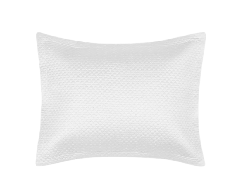 The Matouk Alba Bedding Collection pillow in white features a subtle textured pattern and is crafted from Egyptian cotton sateen, shown against a plain white background.