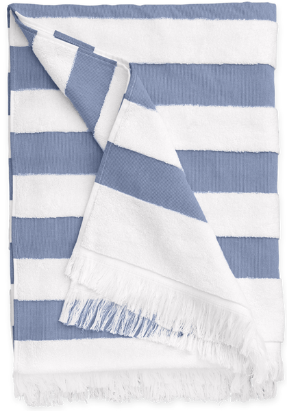 Matouk Amado Beach Towel in Navy: Blue and white striped beach blanket with fringe on a white background.