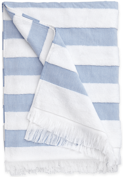 Striped blue and white Matouk Amado Beach Towel, Ocean with fringed edge.