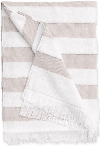 Striped beige and white Matouk Amado Beach Towel with fringe detail on a white background, OEKO-TEX Standard 100 certified.