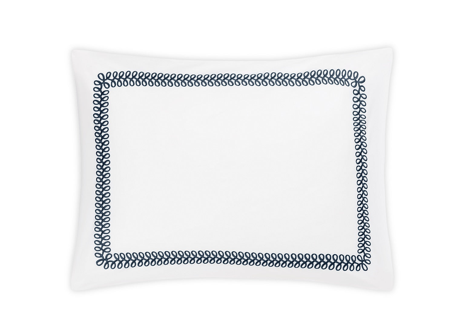 The Astor Braid Bedding Collection pillowcase by Matouk is white and rectangular, made from Ceylon percale, and features an embroidered indigo looped border.