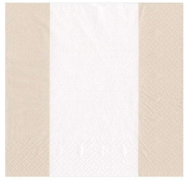 A 5" x 5" Caspari Bandol Stripe Natural cocktail napkin with a white and beige color scheme on a white background.