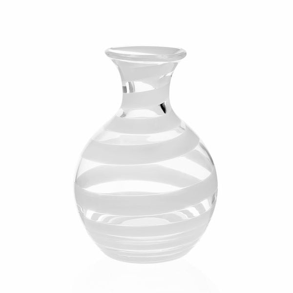 A white vase with a striped design on it, reminiscent of the William Yeoward Crystal Bella Bianca Carafe, 18 oz by William Yeoward Crystal.
