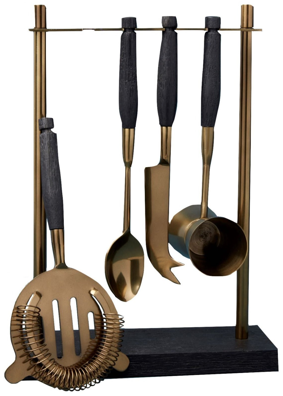 The Be Home Arendal Bronze Hanging Bar Tool Set includes a strainer, spoon, knife, and jigger on a gold frame with a sustainably sourced mango wood base.
