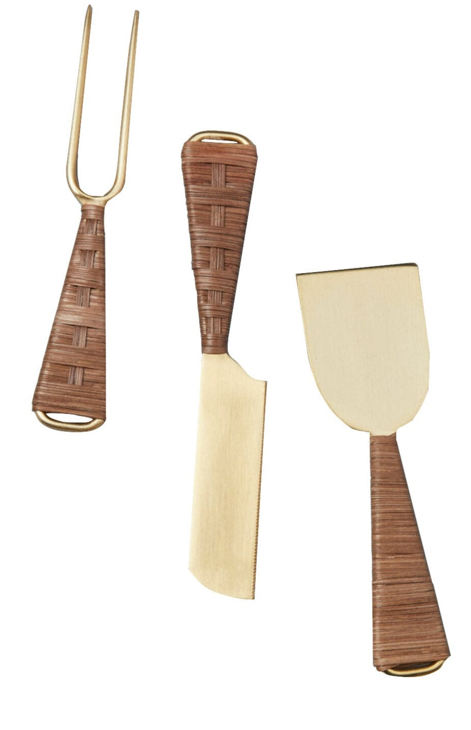 The Ananta Cheese Knife Set by Be Home includes a fork, knife, and flat spatula with gold metal and wrapped handles. Hand wash with mild soap to maintain their elegant finish.