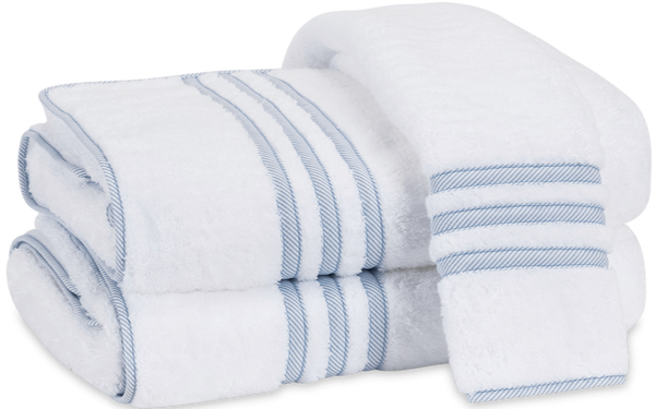 A set of Matouk Beach Road Collection, Blue Stripe towels, made from OEKO-TEX Standard 100 certified Cairo long-staple cotton, neatly folded.