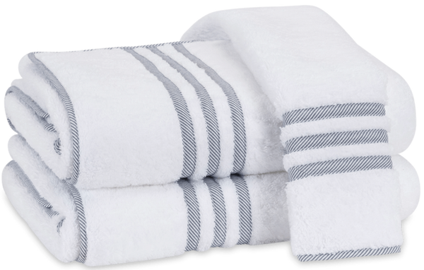 Set of Matouk Beach Road Collection, Navy Stripe towels folded neatly, made from OEKO-TEX Standard 100 certified Cairo long-staple cotton.