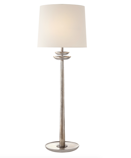 A Visual Comfort Beaumont Medium Buffet Lamp, Silver with a white shade and base.