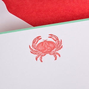The Printery Crab Card Set features a red crab illustration on bright white cards, accented with seafoam green borders and a partially visible red and white background at the top.