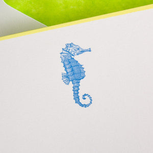 The Printery Seahorse Card Set features a Pacific Blue Seahorse illustration on Vertical Bone White Cards, with citrus green and yellow accents in the upper left corner.