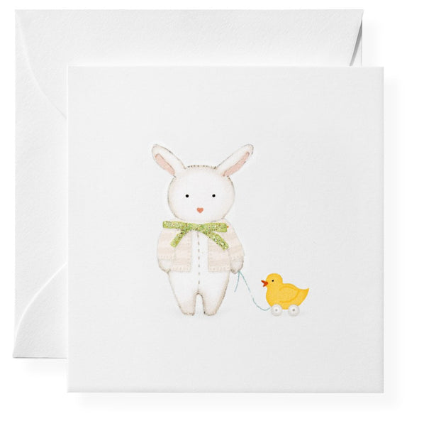 A meticulously hand-glittered Karen Adams - Gift Enclosures Easter card featuring an adorable Karen Adams bunny and duck, carefully packaged in an acrylic box.