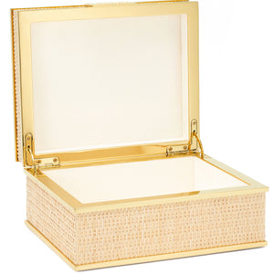 The Colette Cane Jewelry Box by Aerin features a rectangular design with a woven cane texture, gold trim, and a hinged lid, displayed open and empty against a plain background.