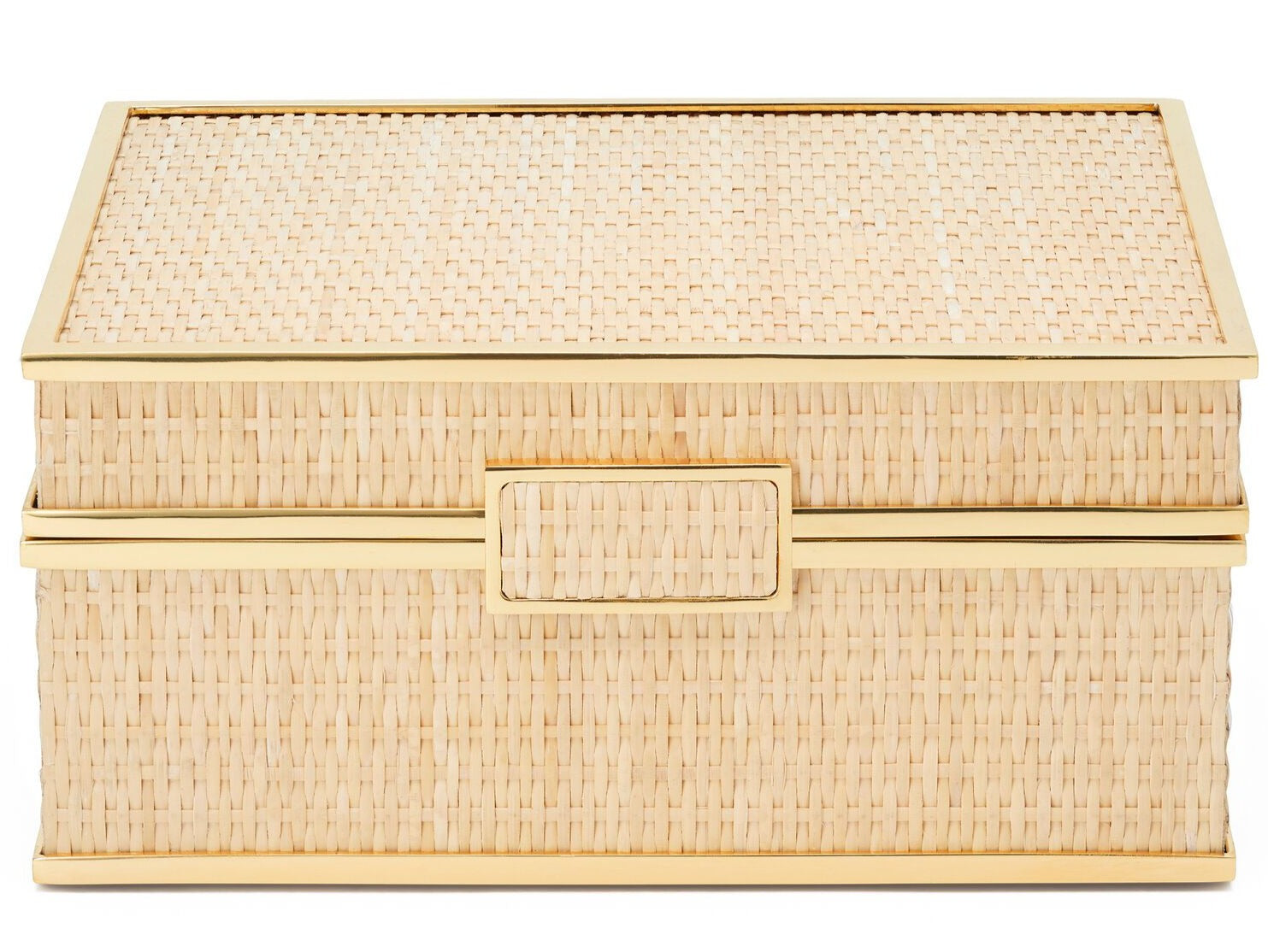 The Colette Cane Jewelry Box by Aerin features a rectangular woven cane design with gold brass hardware trim and a matching front latch.