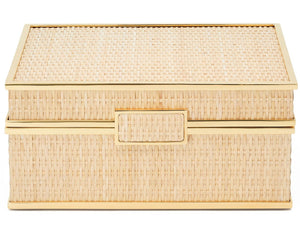 The Colette Cane Jewelry Box by Aerin features a rectangular woven cane design with gold brass hardware trim and a matching front latch.