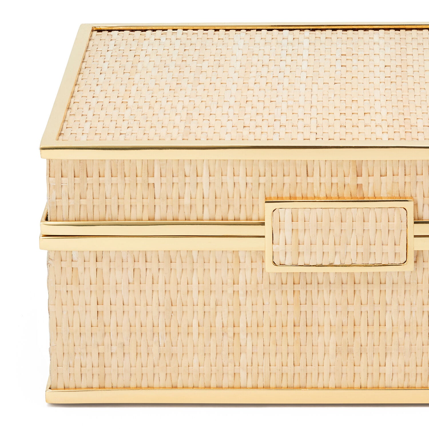 The Colette Cane Jewelry Box by Aerin features a gold metal frame, brass hardware, and a woven cane design, displayed with the lid closed against a white background.