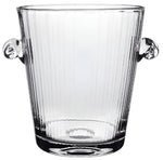 The Corinne Champagne Bucket by William Yeoward Crystal features handmade glass, a vertical ribbed pattern, and two round side handles—a perfect touch for elegant celebrations.