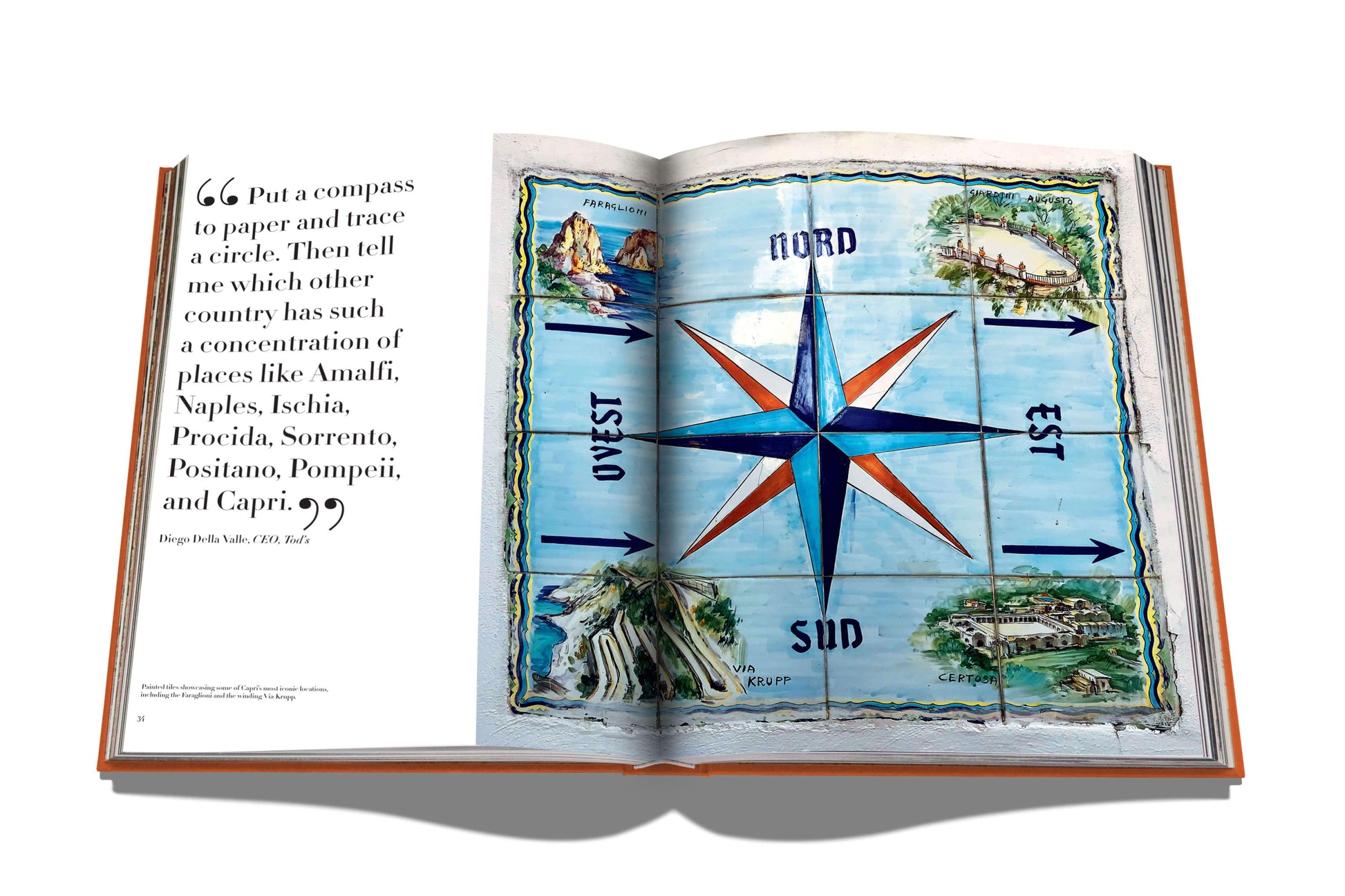 An open illustrated book featuring a compass rose and landmarks with directional annotations 'nord,' 'est,' 'sud,' 'ovest,' exudes the Mediterranean spirit of Capri Dolce Vita by Assouline.