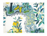 The Citrus Garden Pool Placemats, Set of 4 by Matouk features a botanical illustration inspired by Schumacher, with green and yellow plants, white flowers, and two butterflies—one yellow with black stripes and one white with black spots.