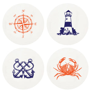 Coastal Coasters by Haute Papier feature blue or orange compass rose, lighthouse, crossed anchors, and crab icons letterpressed on white coasters—making a charming hostess gift.