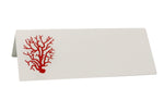 Printery’s Coral Place Cards are bright white, folded, and feature a vivid Poppy Red Coral illustration on the left side.
