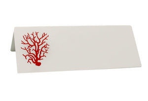 Printery’s Coral Place Cards are bright white, folded, and feature a vivid Poppy Red Coral illustration on the left side.