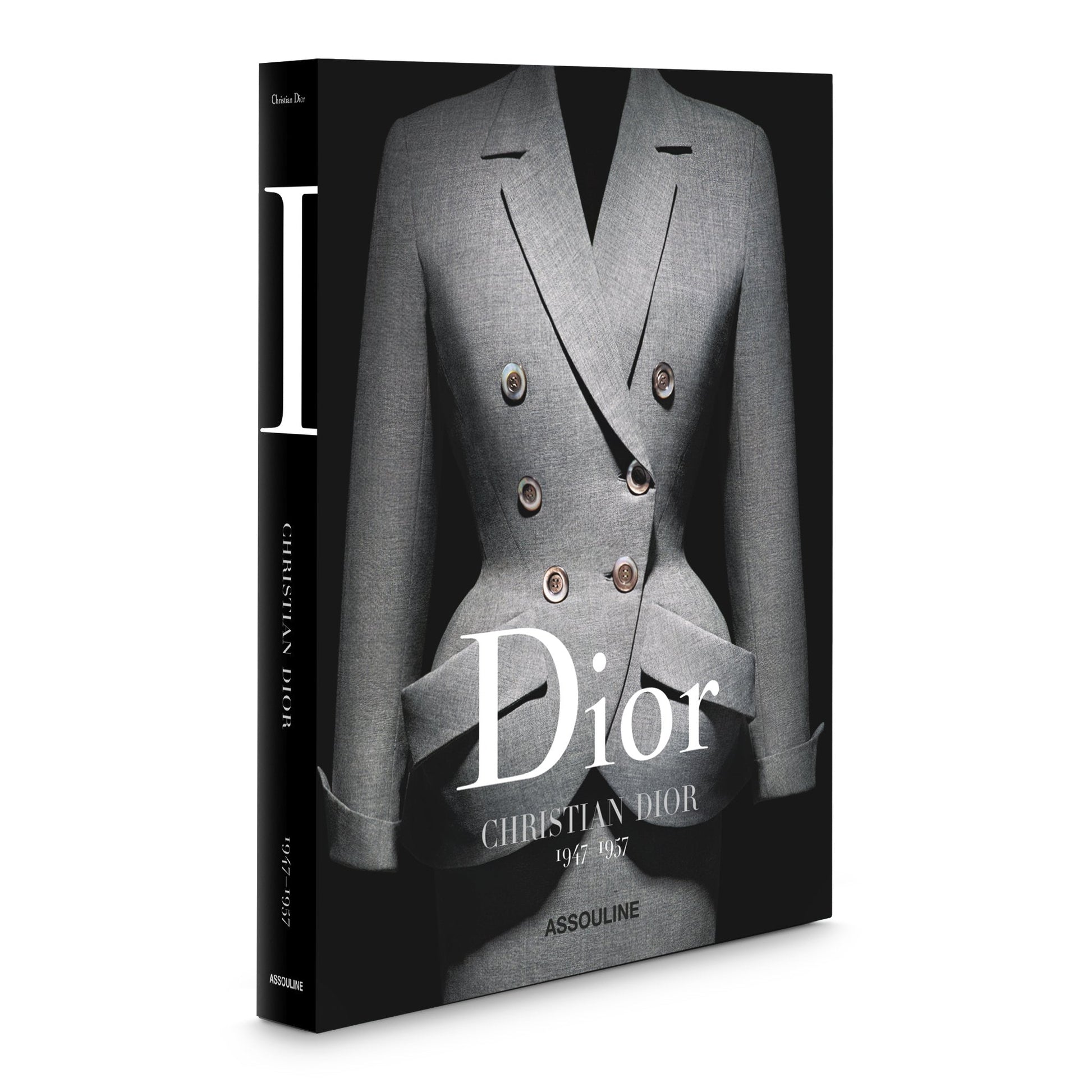 Cover of the book "Dior I by Christian Dior" by Assouline. The cover features a tailored gray jacket with a double-breasted design, epitomizing haute couture designs and fashion treasures from Dior by Christian Dior.