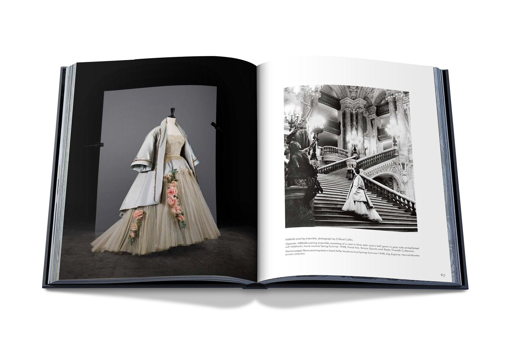 An open book displays the elegance of Dior I by Christian Dior, with a colored photo of a dress on a mannequin on the left page and a black-and-white photo of a person wearing haute couture designs while descending a staircase on the right page.