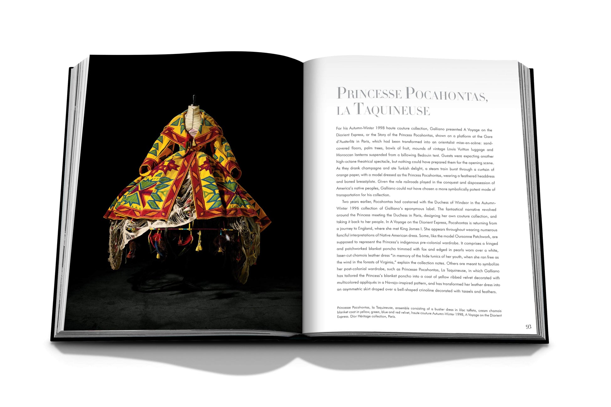 Open book showing a vibrant, geometric-patterned garment by Dior V by Galliano on the left page and a text titled "Princesse Pocahontas, la toquelnuse" on the right page.