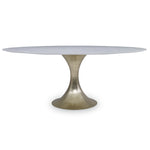 The Julian Chichester Dakota Dining Table showcases an elegant oval design with a smooth white top and a single metallic pedestal, subtly accented by dante brass.