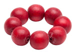 The Deborah Rhodes Cocoa Wood Bracelet Napkin Ring Set features a circular arrangement of seven large, red wood beads, creating a striking accent to elevate your place settings against a white background.
