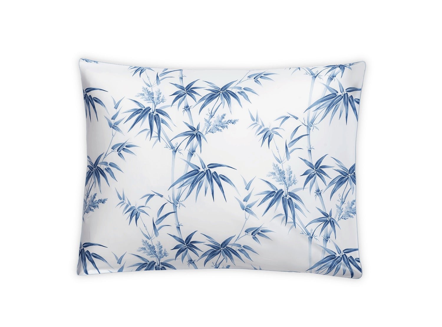 Decorative pillow featuring a blue Matouk Dominique bedding collection, Azure floral pattern on a white background.