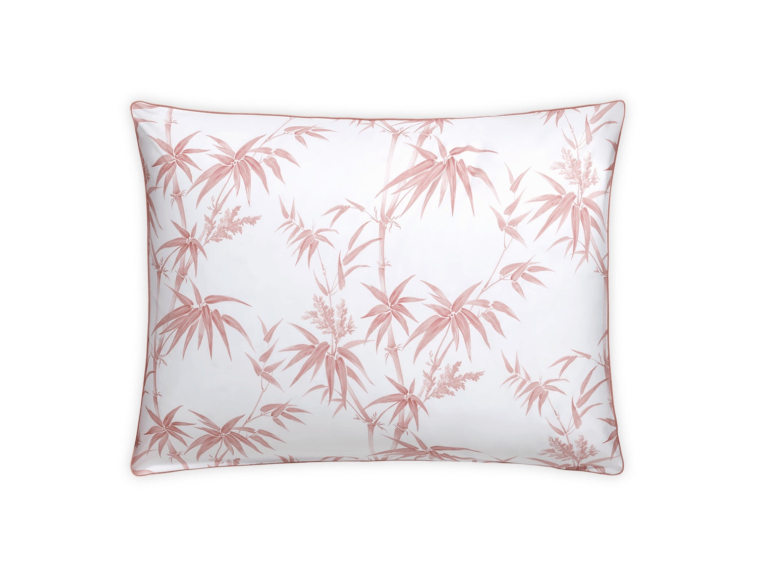 White square pillow with a subtle pink Japanese maple leaf design, crafted from luxurious 500 thread count Egyptian cotton percale from the Matouk Dominique Bedding Collection in Blush by Matouk.