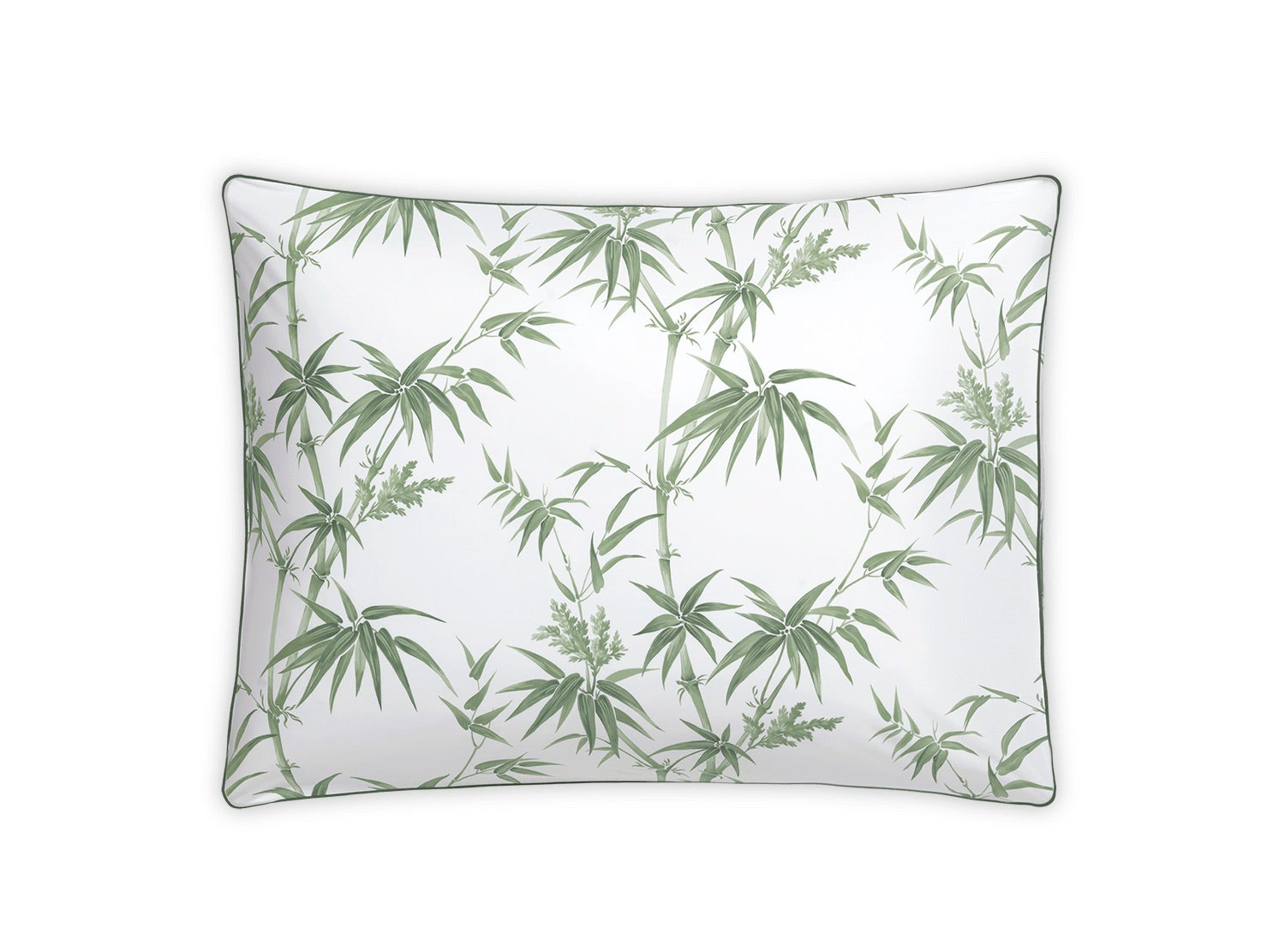 The Dominique Bedding Collection, Palm by Matouk is a white rectangular pillow featuring a green bamboo leaf pattern, crafted from Egyptian cotton and OEKO-TEX Standard 100 certified for premium comfort and safety.