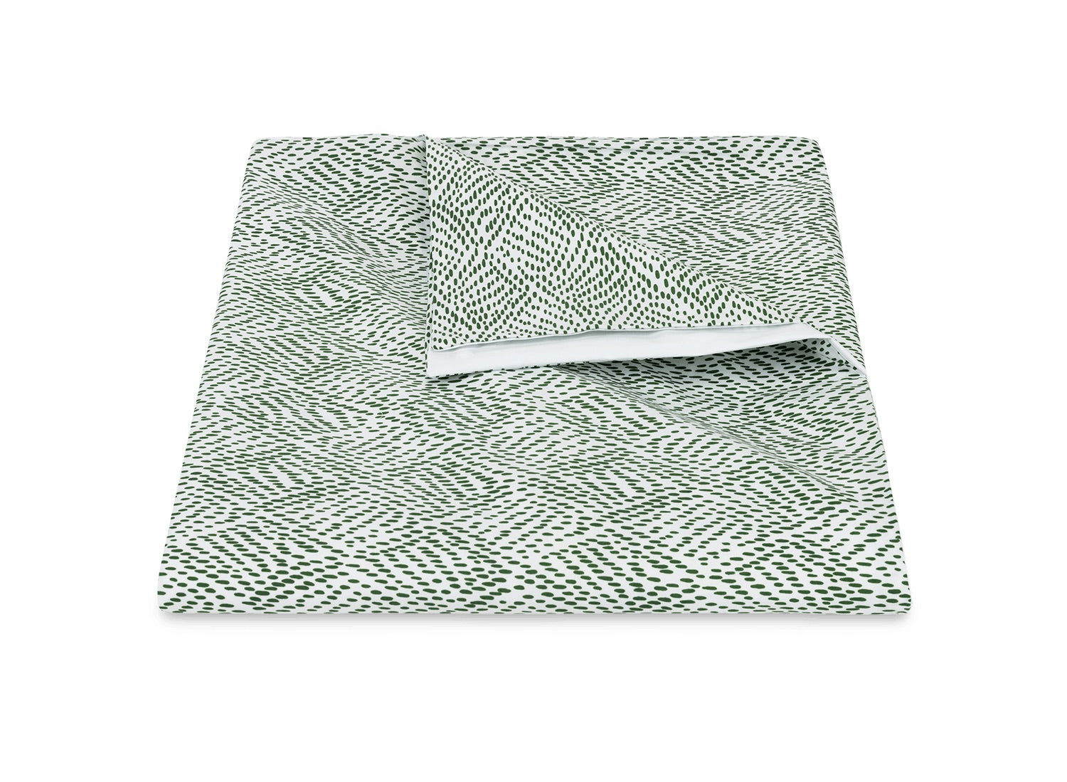 The Matouk Duma Diamond Bedding Collection in Grass features neatly folded green and white Egyptian cotton percale bedsheets with a leaf-inspired geometric pattern, stacked on a white background.