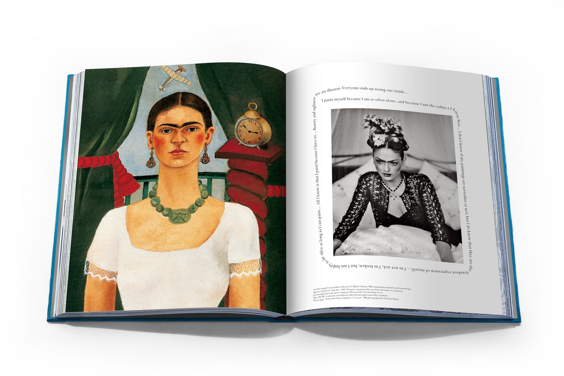 The book "Frida Kahlo: Fashion As the Art of Being" by Assouline features an open page displaying a vibrant portrait of Frida Kahlo on one side and a black-and-white photo on the other, highlighting her timeless style.